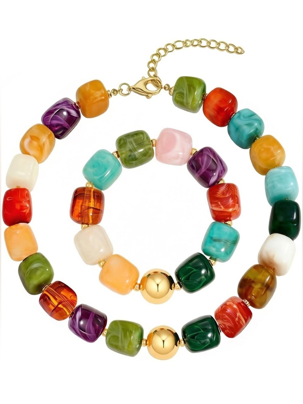 Colorful Bead Necklace and Bracelet Set - Bohemian, Beach